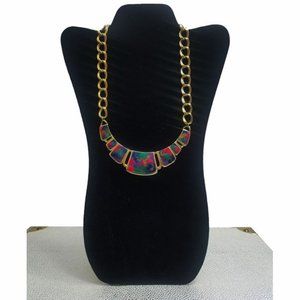 Vtg 80s Gold Chain Colorful Enamel Necklace